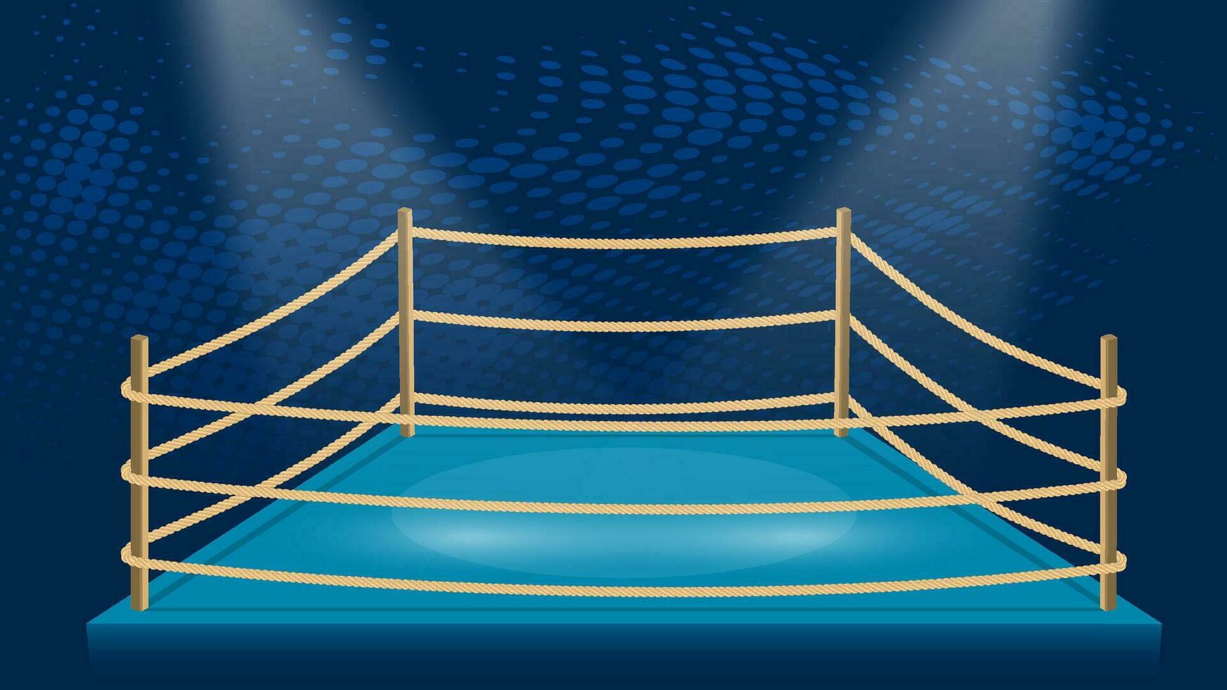 arena for boxing and illegal martial arts matches. Empty sports ring illuminated by beams of spotlights. Vector in cartoon style