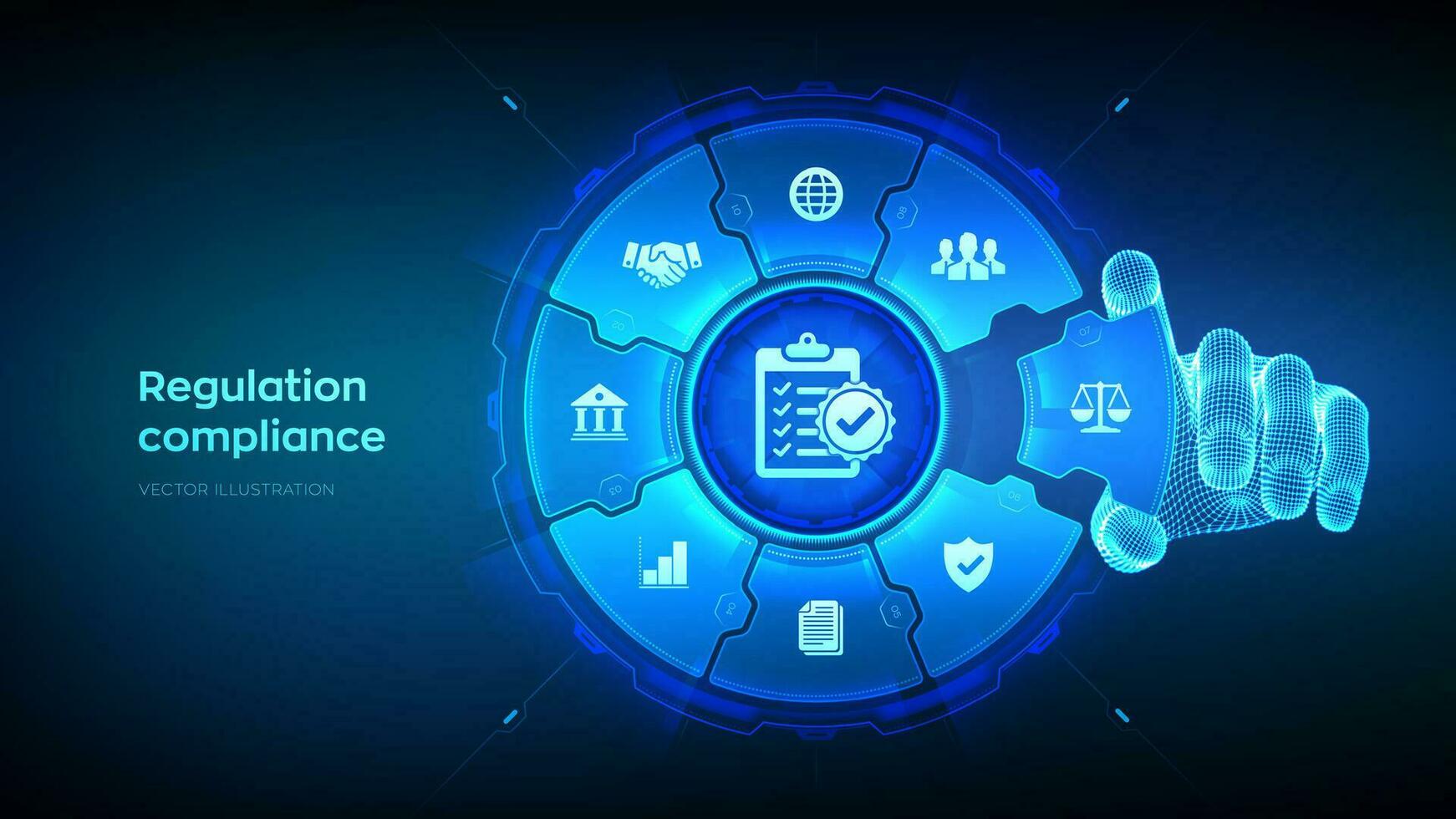 regulación conformidad financiero controlar tecnología concepto. conformidad normas. ley regulación política. estructura metálica mano lugares un elemento dentro un composición visualizante reg tecnología vector ilustración.