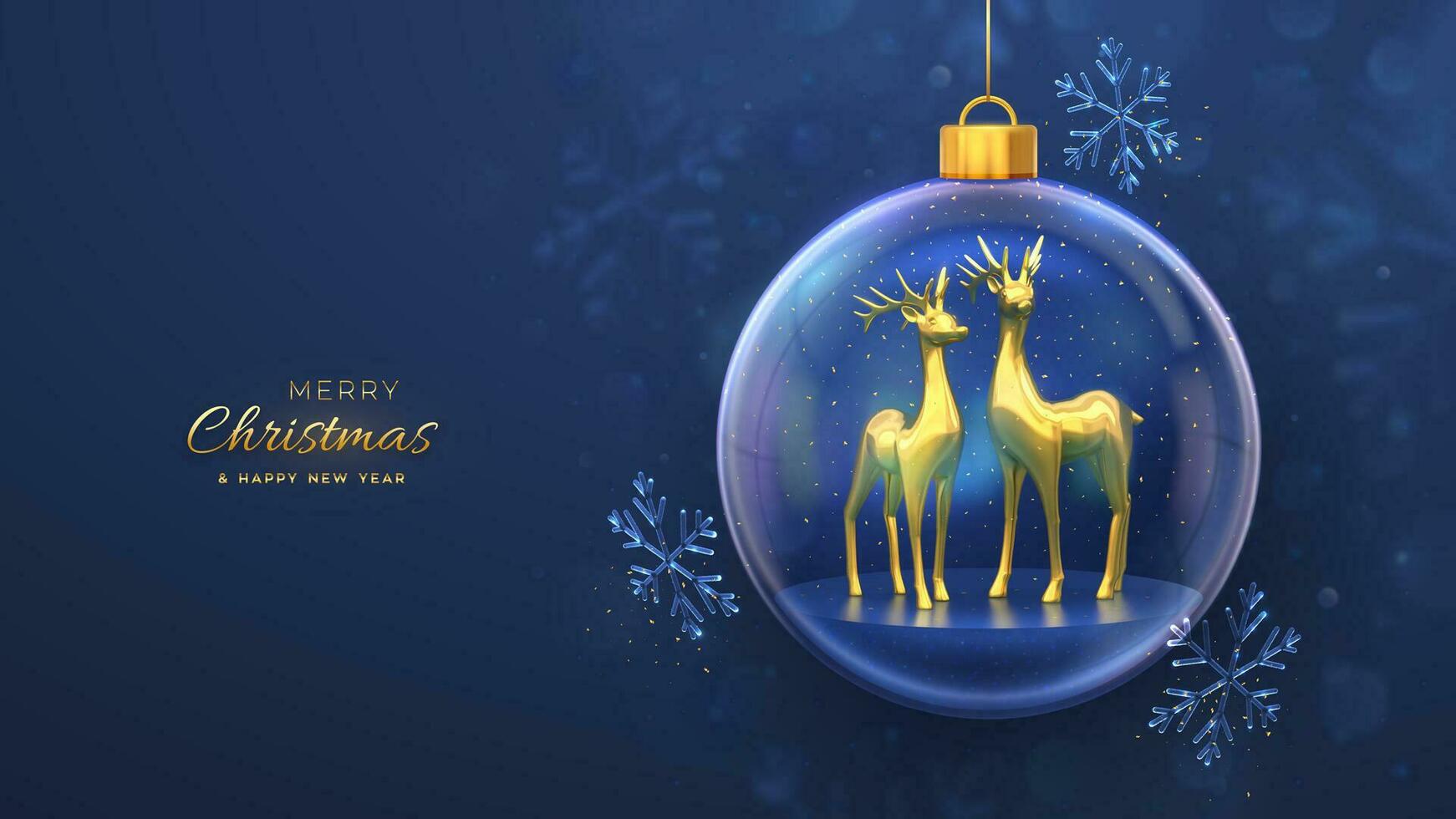 Christmas greeting card. Golden deers in a transparent glass ball. Shining showflakes, glitter confetti. New Year Xmas blue background. Festive holiday poster, banner, flyer. 3D Vector illustration.