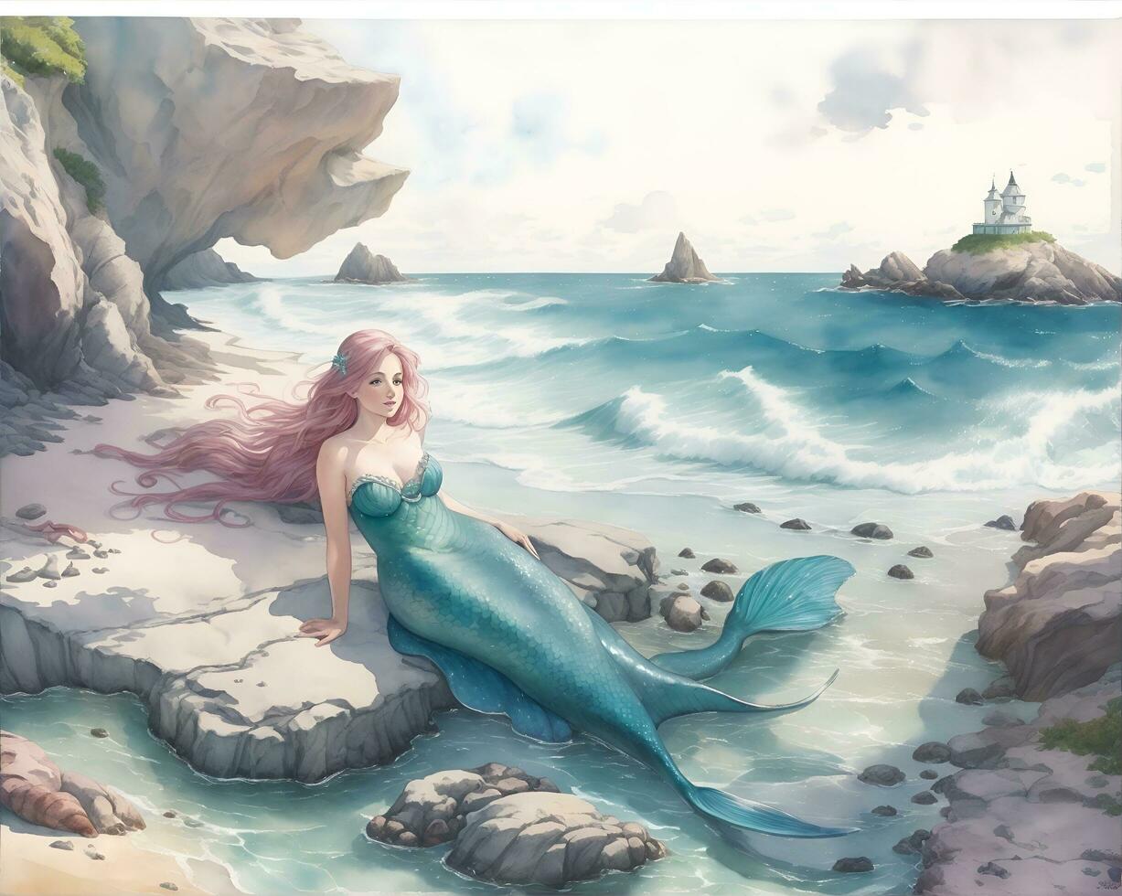 Unique watercolor painting featuring a mermaid, AI generated photo