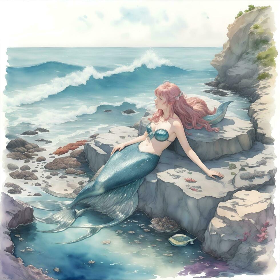 Unique watercolor painting featuring a mermaid, AI generated photo