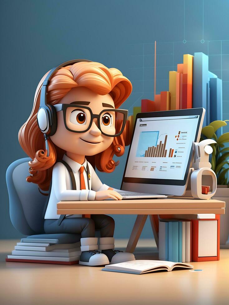 3d cartoon character and computer with open pages web analytics seo optimization dashboard photo