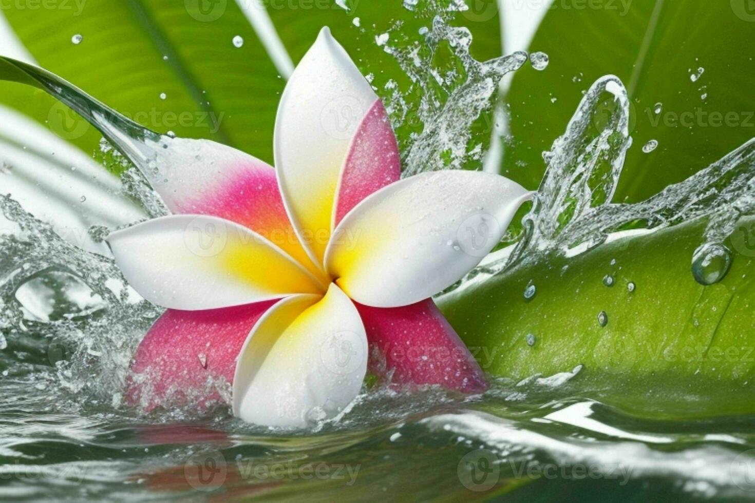 Water splash on Plumeria flower. background. AI Generative Pro Photo