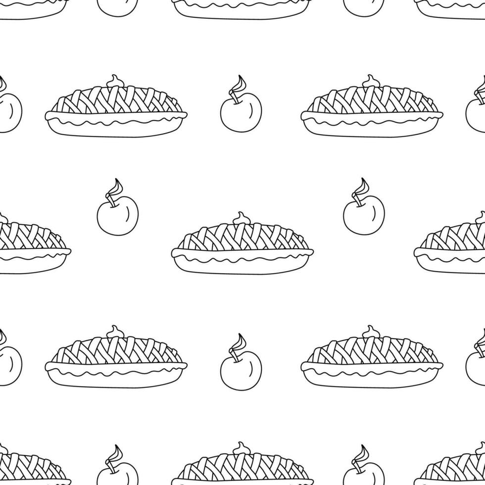 Seamless pattern with apple pie. Cozy doodle vector hand drawn illustration.