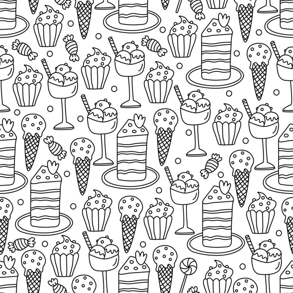 Seamless pattern with ice cream,  cakes and candies. Doodle hand drawn vector illustration on white background black outline.