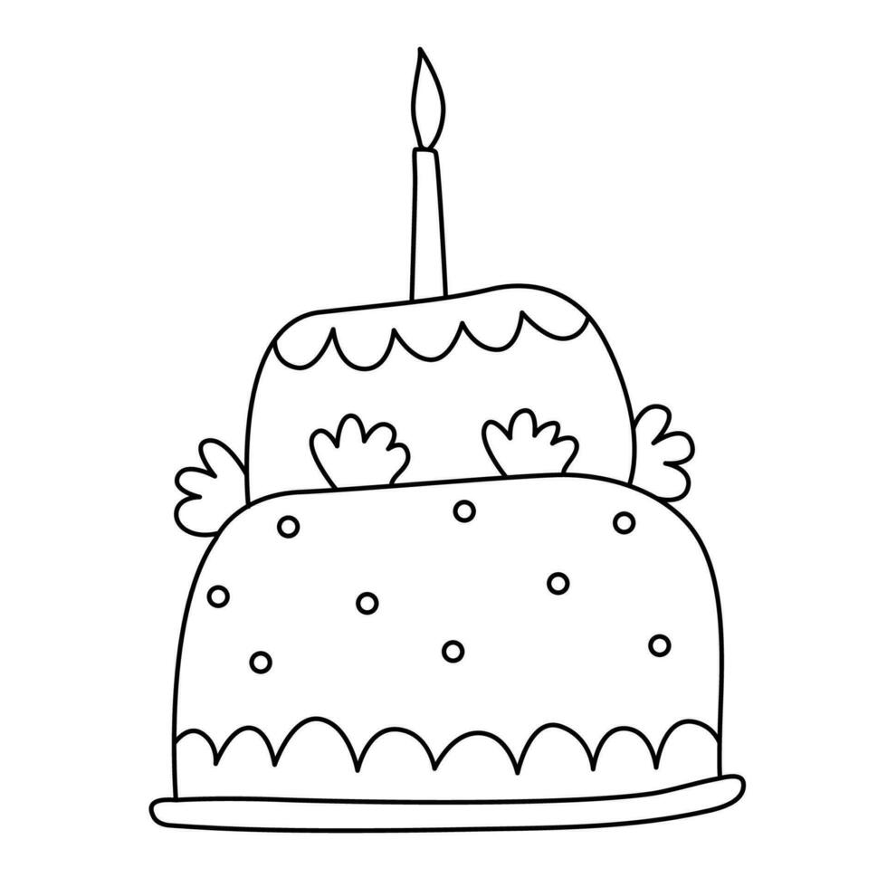 Birthday cake with burning candle Hand drawn doodle vector illustration. Great for coloring and greeting cards