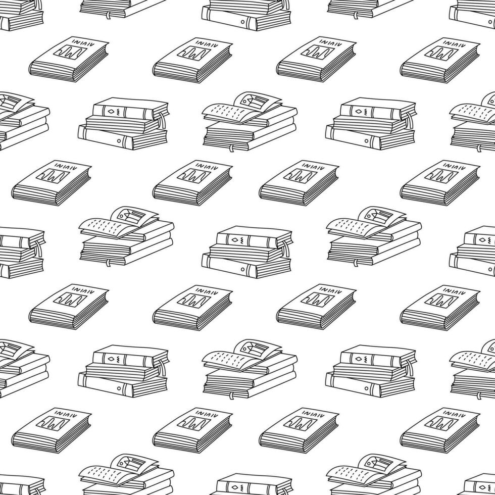 Seamless pattern with pile of books. Vector hand drawn doodle illustration on white background black outline.
