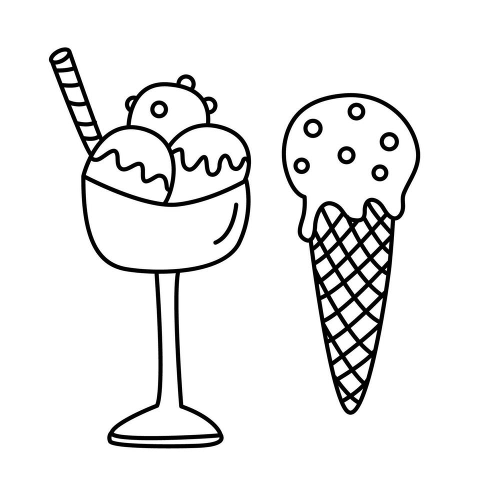 Ice cream cone and ice cream bowl hand drawn doodle vector illustration black outline. Great for coloring and greeting cards. Sweet food and desserts