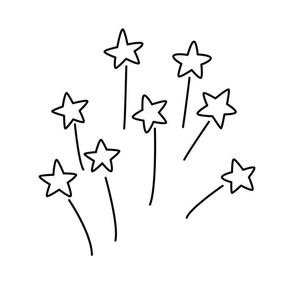 Firework with stars hand drawn doodle vector illustration black outline. Great for coloring and greeting cards.