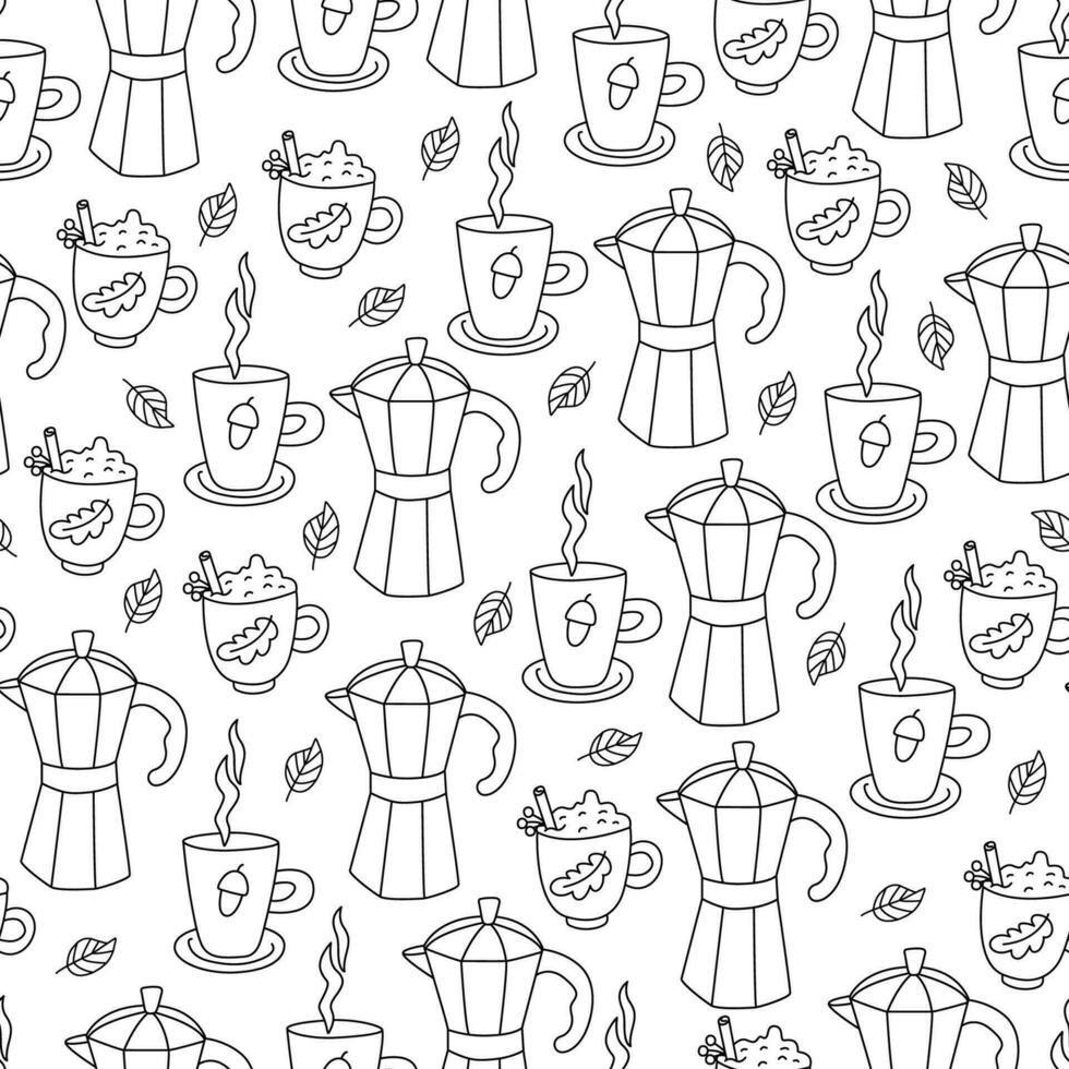 Autumn seamless pattern wth coffee pot, mugs of tea and leaves. Fall doodle vector hand drawn illustration.