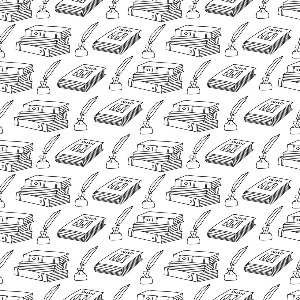 Seamless pattern with books and feather with inkwell. Vector hand drawn doodle illustration on white background black outline.