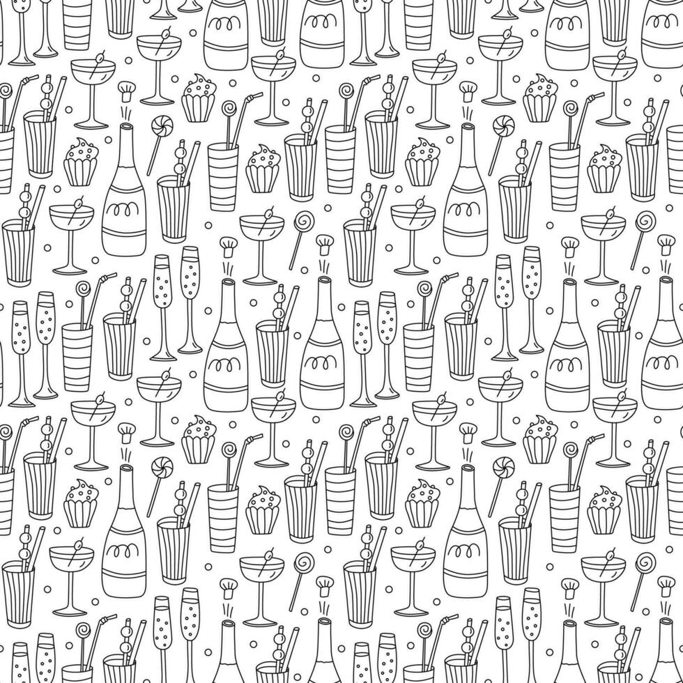 Seamless pattern with cocktails, drinks, bottle of champagne, cupcakes and lollipops. Doodle hand drawn vector illustration on white background black outline.