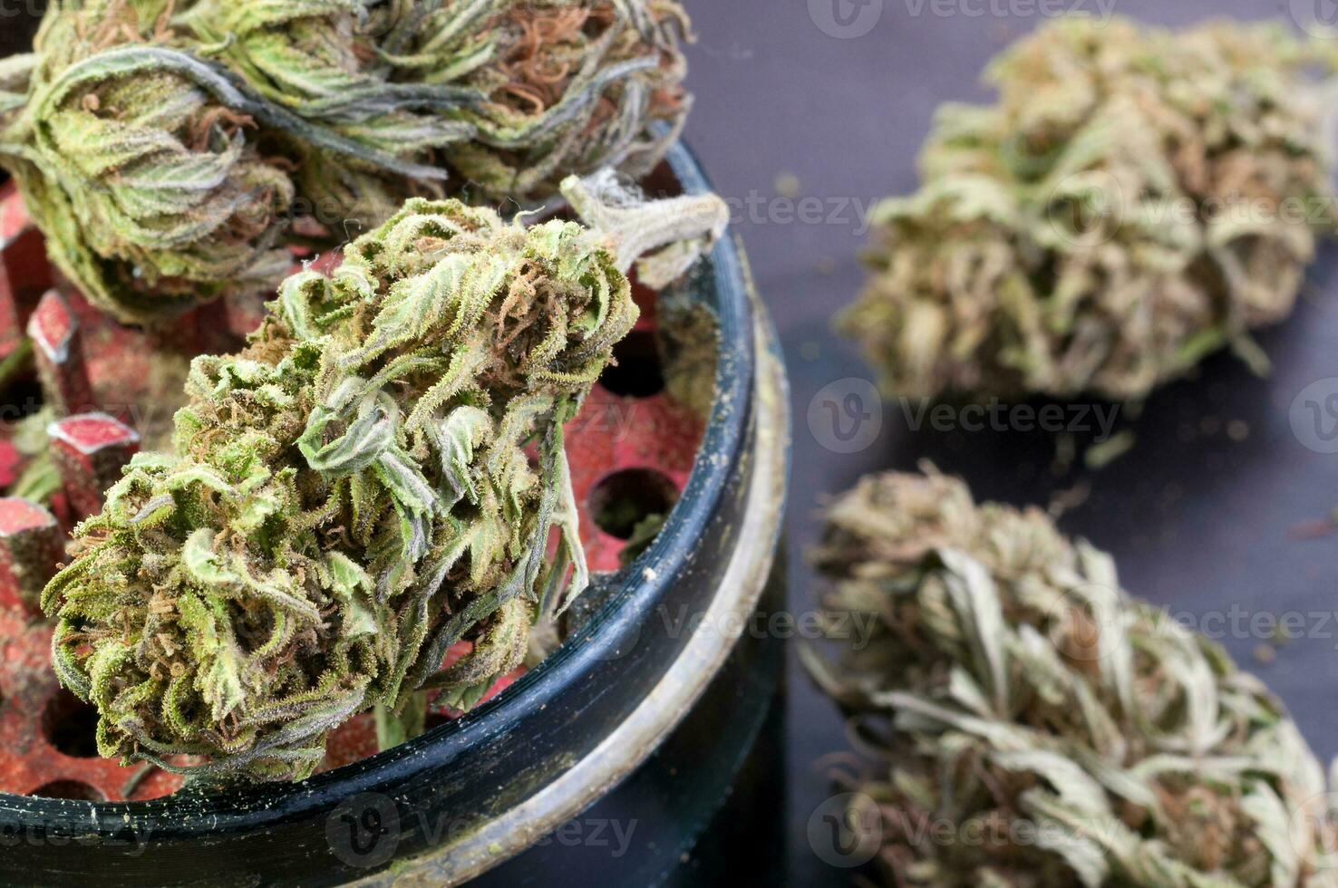 dry flowers of medical marijuana and grinder full of crushed buds close up on black background photo