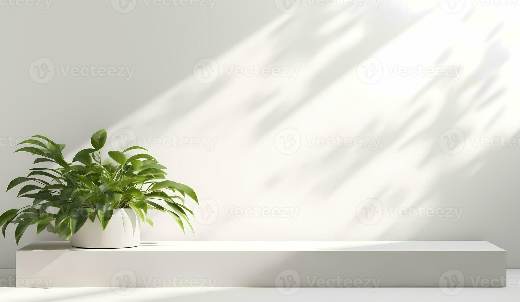 Minimal white podium on white wall background with leaves for advertising product display, product presentation, and product showcase. AI Generative photo