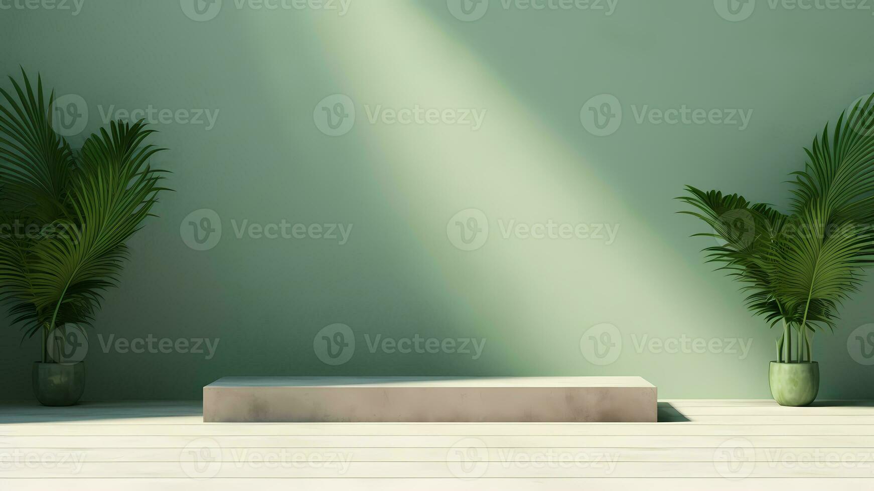 Empty podium with palm tree and green background. Background scene for product exhibition. AI Generative photo