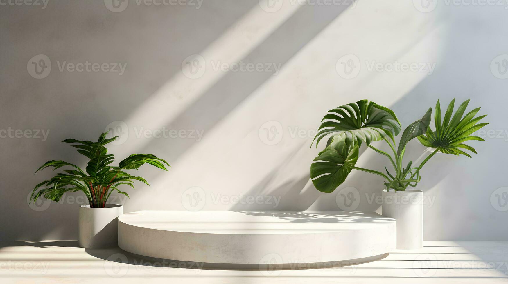 Blank white podium with white wall and plant. Background scene for product presentation. AI Generative photo
