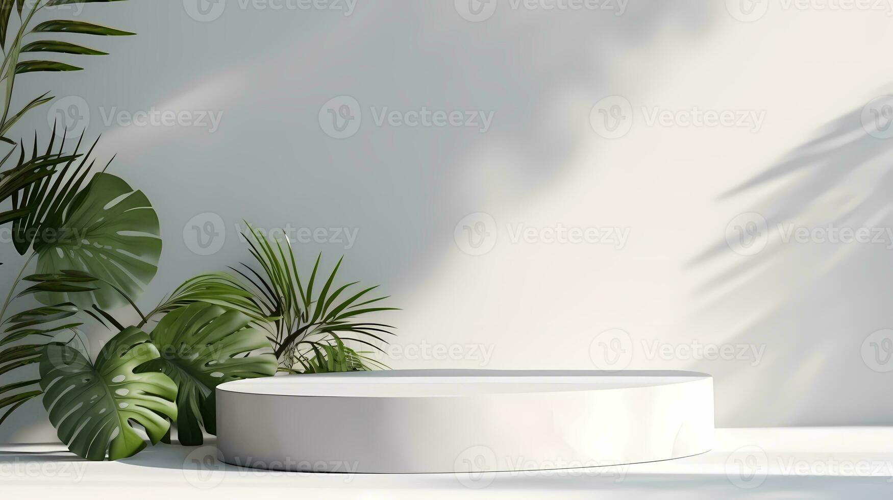 Minimal white podium on white wall background with leaves for advertising product display, product presentation, and product showcase. AI Generative photo