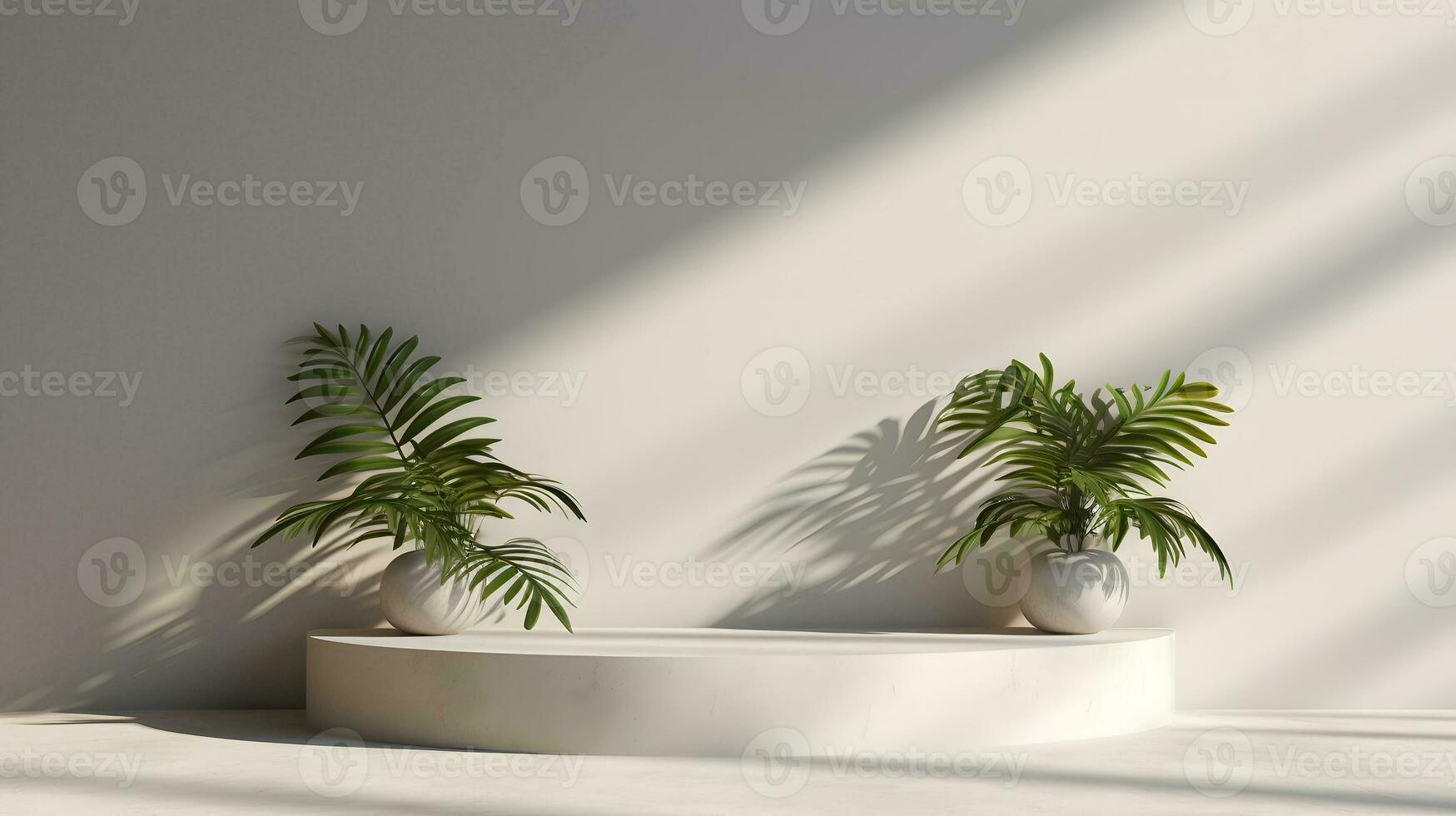 blanco blanco podio con blanco pared y planta. antecedentes escena para producto presentación. ai generativo foto