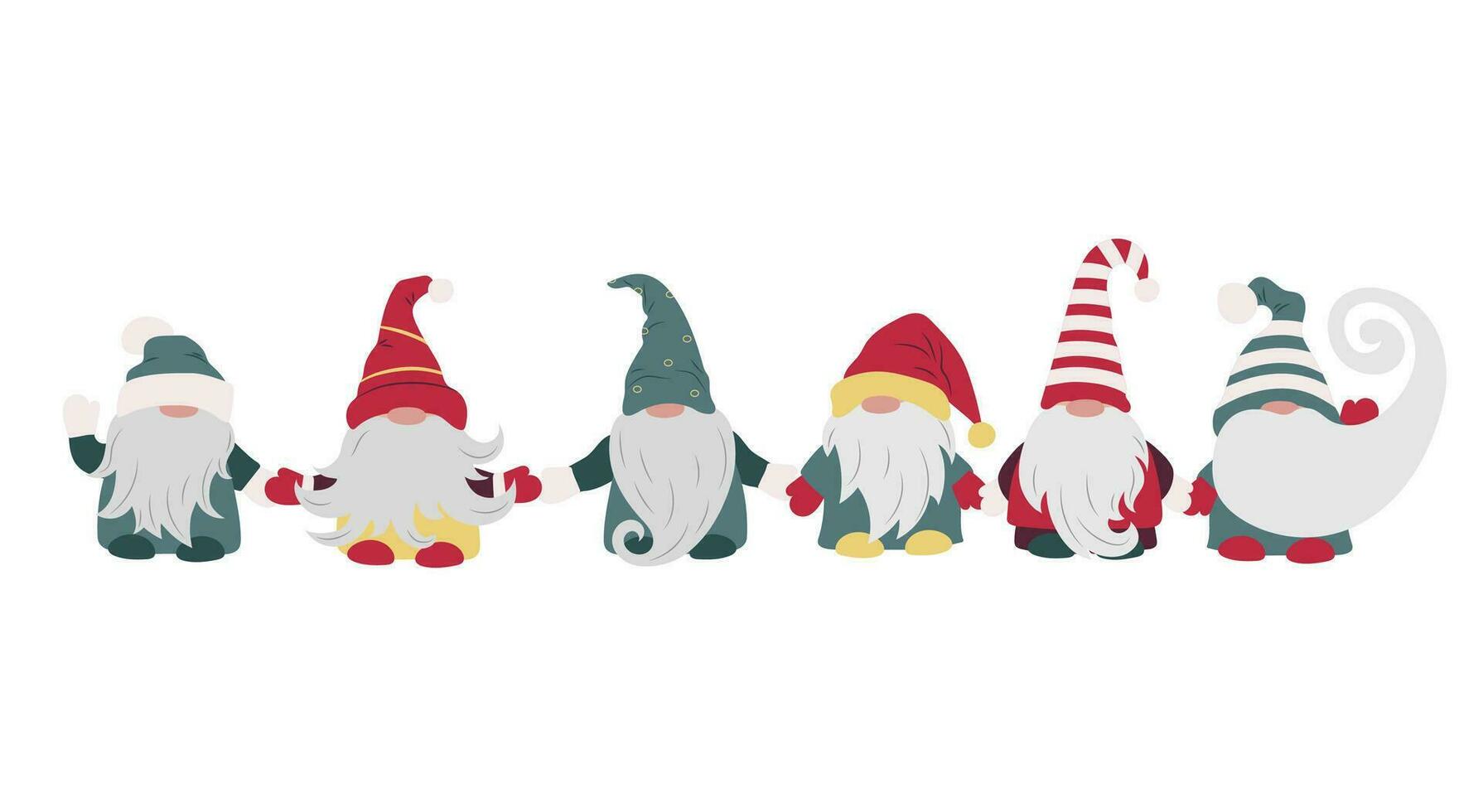 Cute little cartoon gnomes holding hands. Christmas dwarf woman, leprechaun, elf vector
