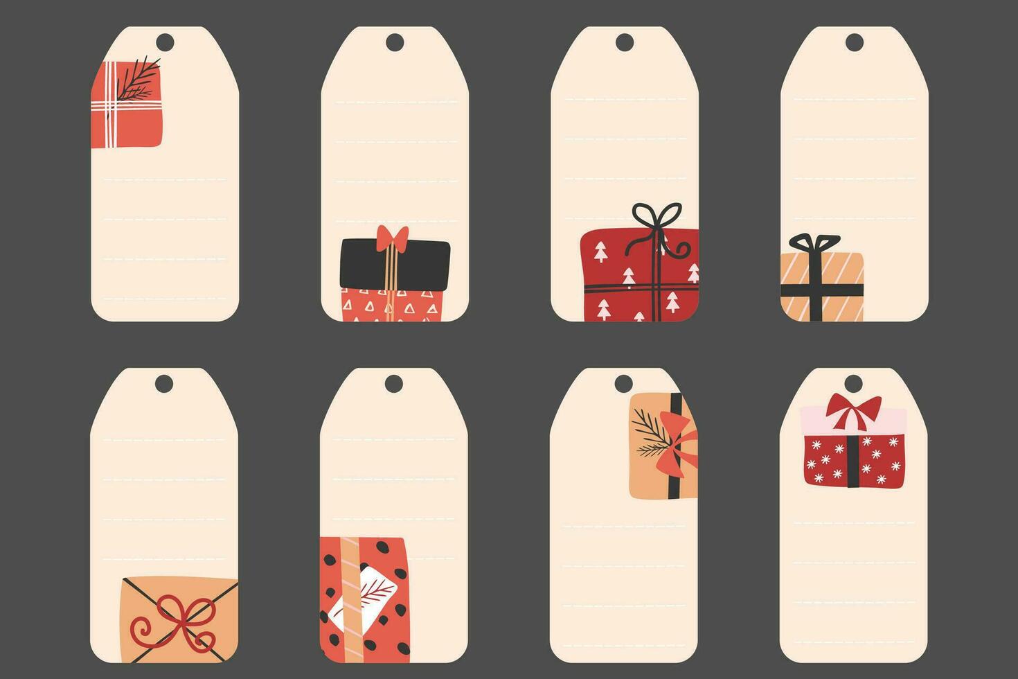 Set of Christmas and New Year tags with gift boxes. Gift cards for winter holidays. vector