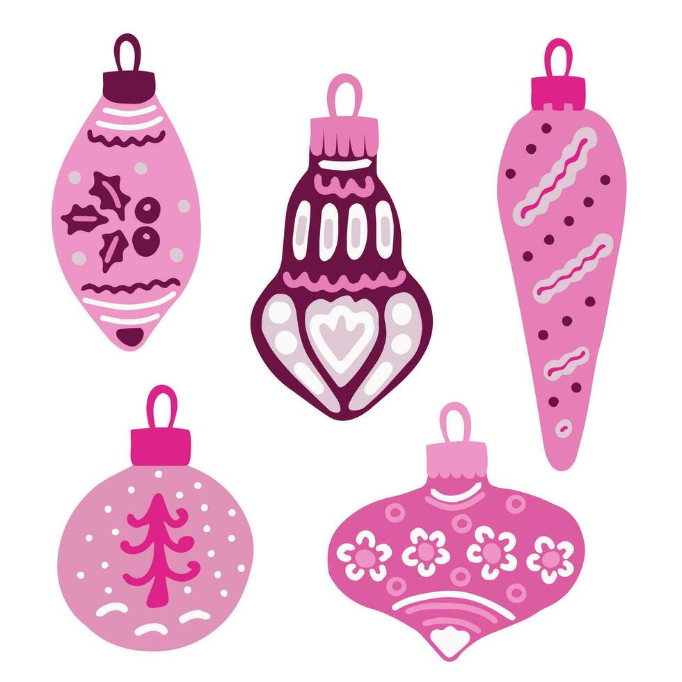 Set of Pink Christmas toys. Balls in barbi color with hand drawing ornaments. Isolated collection for Xmas, new year design. vector