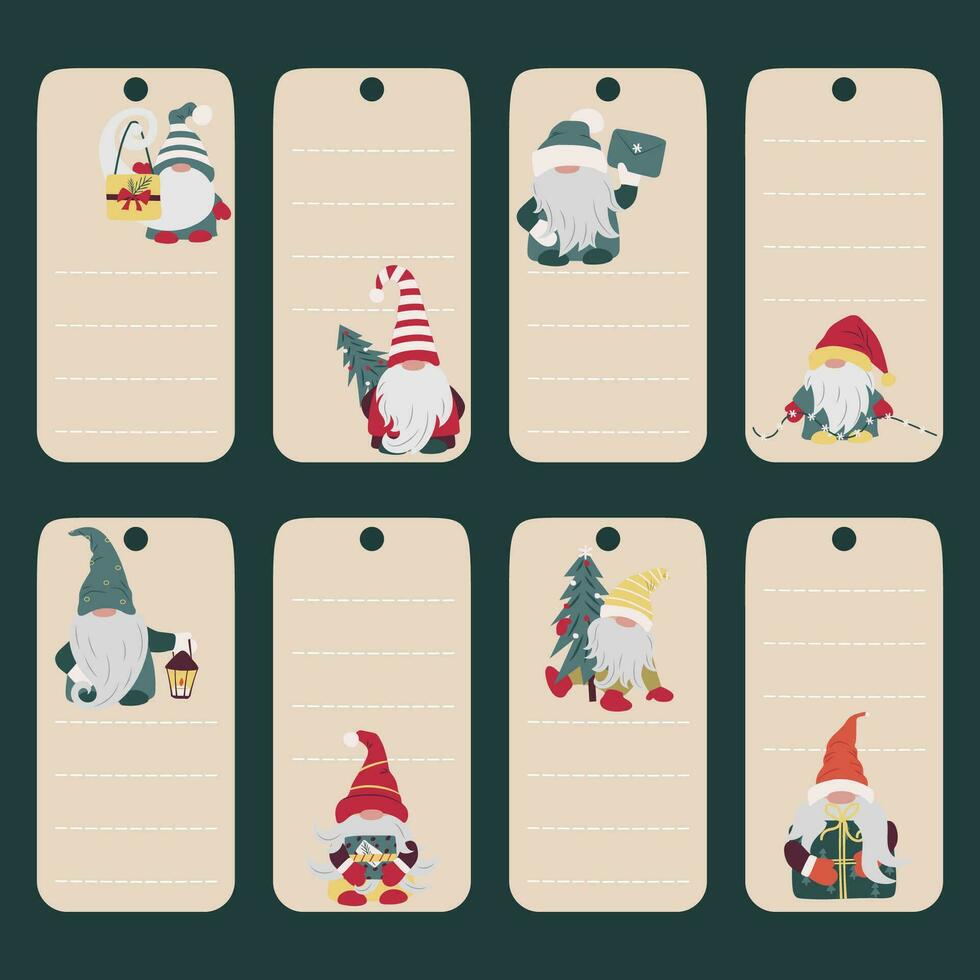 Set of Christmas and New Year tags with cute gnomes. Gift cards for winter holidays with elf, dwarf, fairy tale. Sticker vector