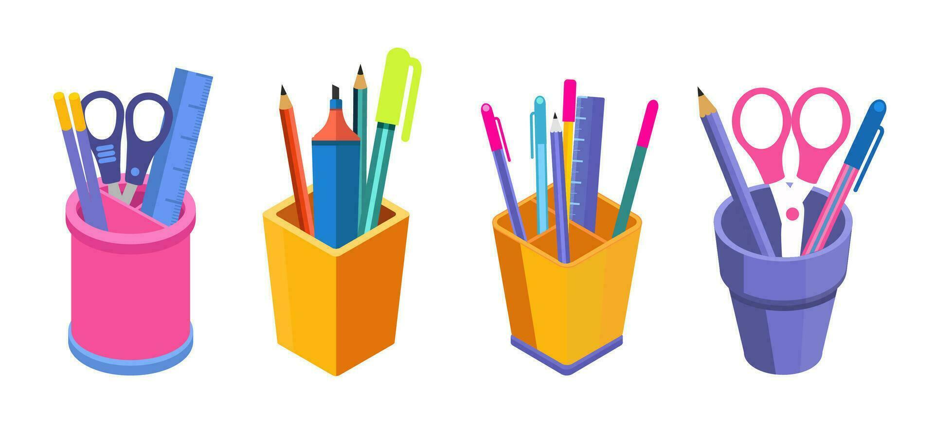 Collection of isometric 3d pencil cups with office and school supplies, realistic stationery holder. vector