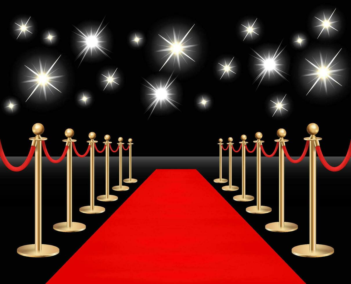 Red carpet and golden barriers with sparkling spotlights. Realistic fence with rope on black background. Vector illustration.