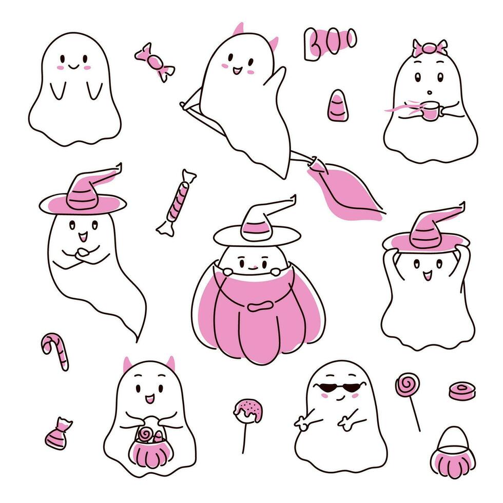 Halloween pink ghosts collection in doodle style. Happy halloween spooky characters, funny and scary creature with pumpkin. Vector illustration isolated on a white background.