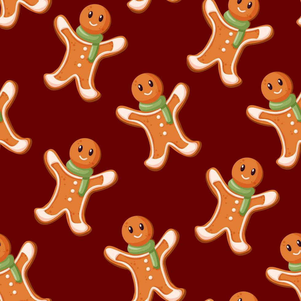 Seamless Holiday gingerbread man pattern. Cute design for Christmas backgrounds, wrapping paper. Vector illustration.