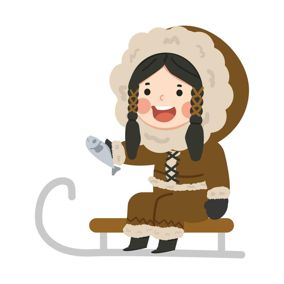 Eskimo wearing fur clothes and sleigh vector
