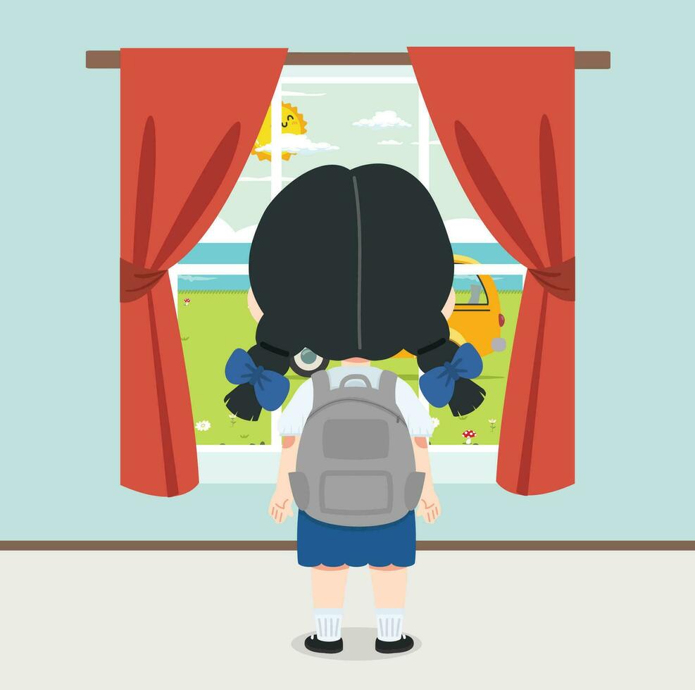 Kid student Girl standing back view the window vector
