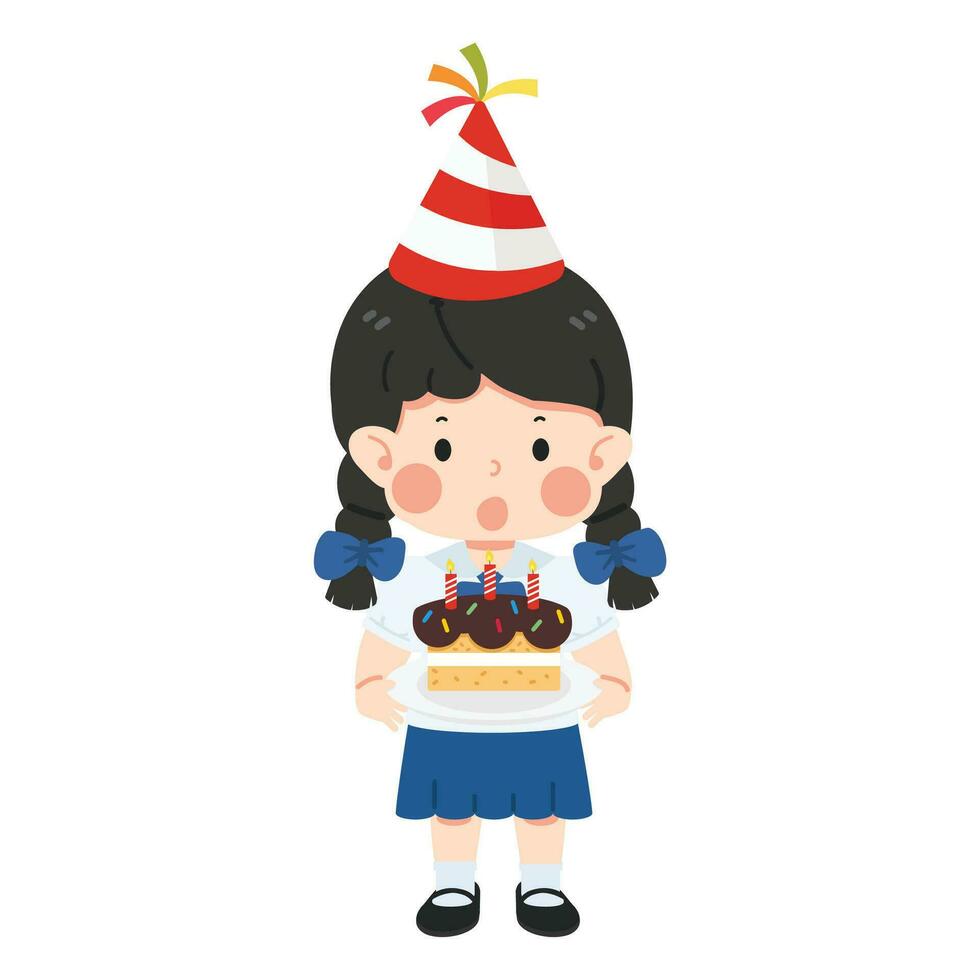 Kid girl student holding birthday cake vector