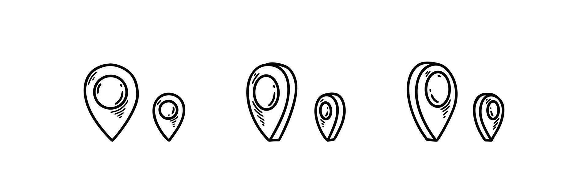 Set of doodle location pin icons in different dimensions. Hand drawn sketch gps location marker. Travel navigation pointer. Turned road mark vector