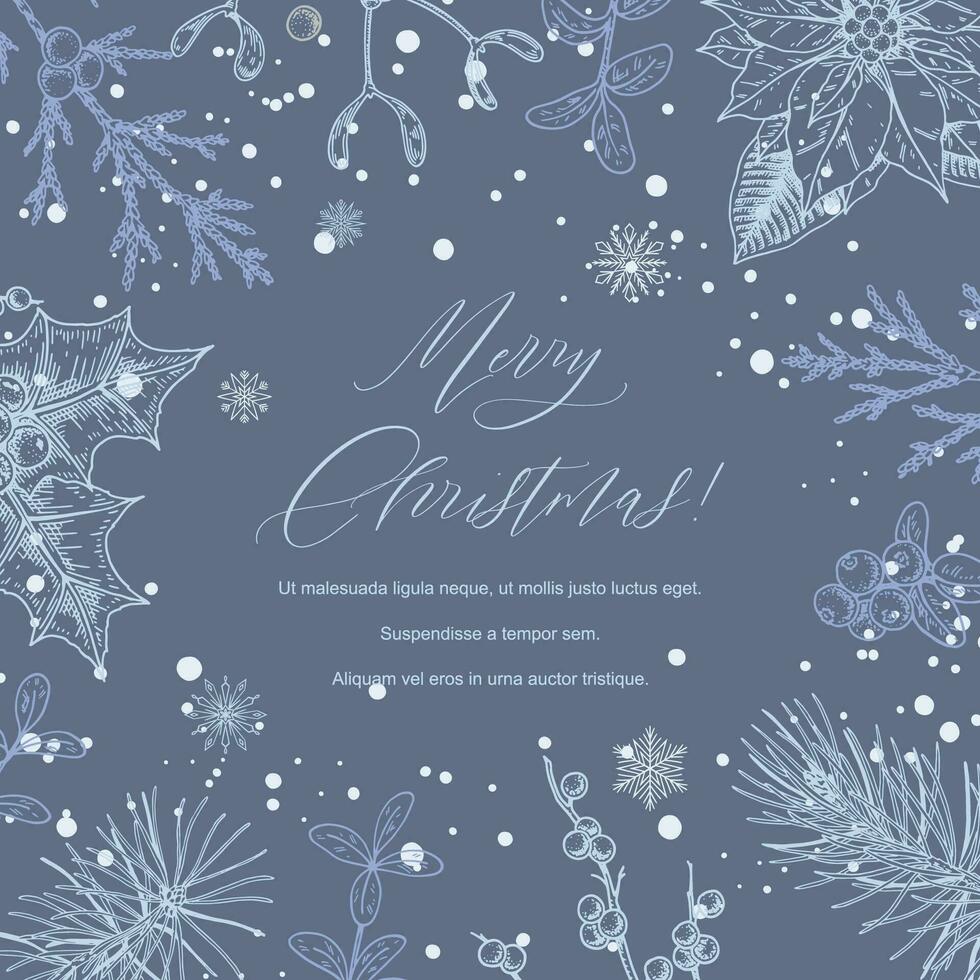 Merry Christmas and Happy New year blue square greeting card. Social media post template. Hand drawn sinter festive background with sketch botany elements. Engraving vector illustration