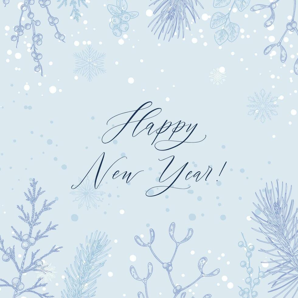 Merry Christmas and Happy New year blue square greeting card. Social media post template. Hand drawn sinter festive background with sketch botany elements. Engraving vector illustration