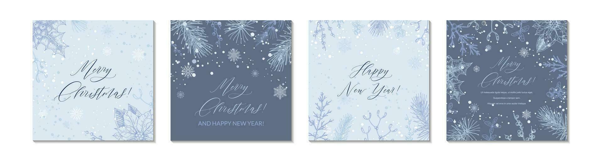 Set of Merry Christmas and Happy New year blue square greeting cards. Social media post template. Hand drawn sinter festive background with sketch botany elements. Engraving vector illustration