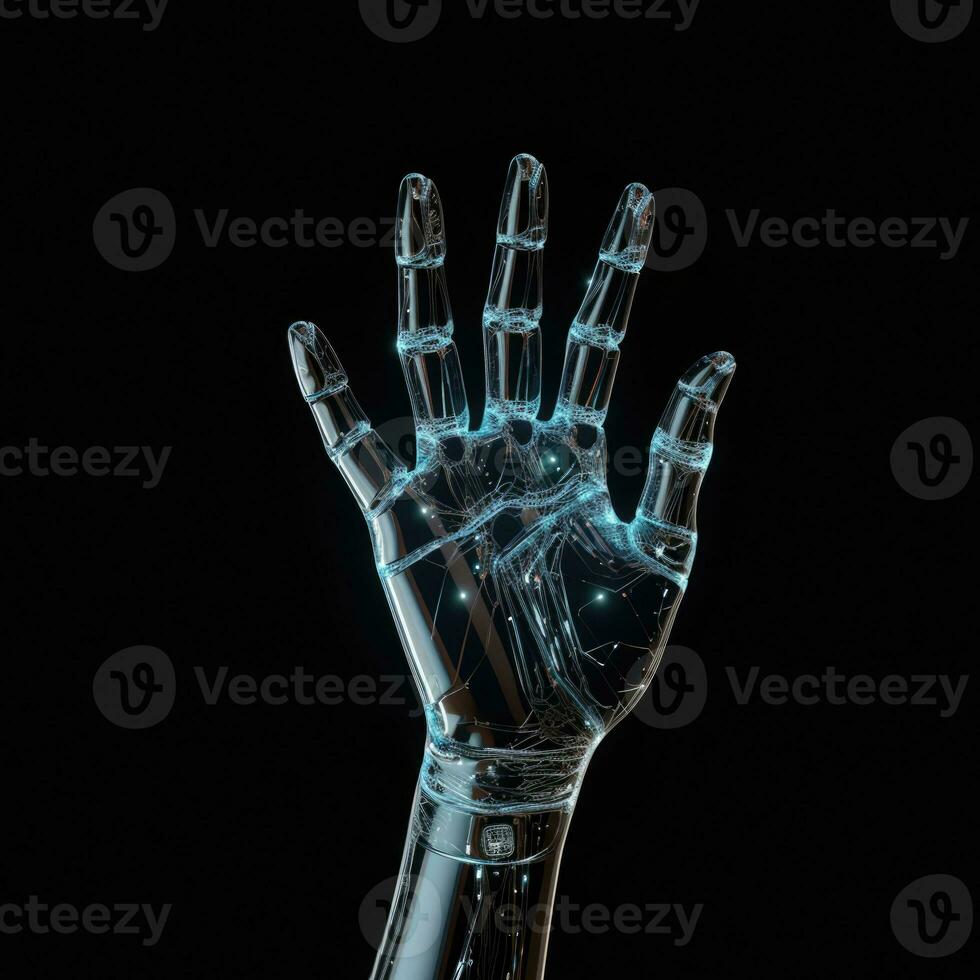 Robotic digital hand on dark background. Generative AI photo