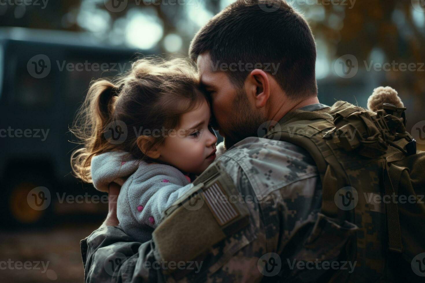 Military soldier embracing his daughter. Generative AI photo