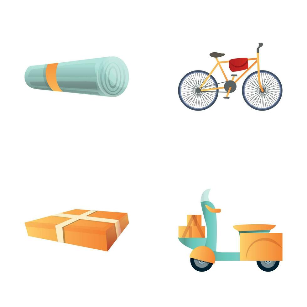 Express delivery icons set cartoon vector. Motorbike and bicycle with parcel vector