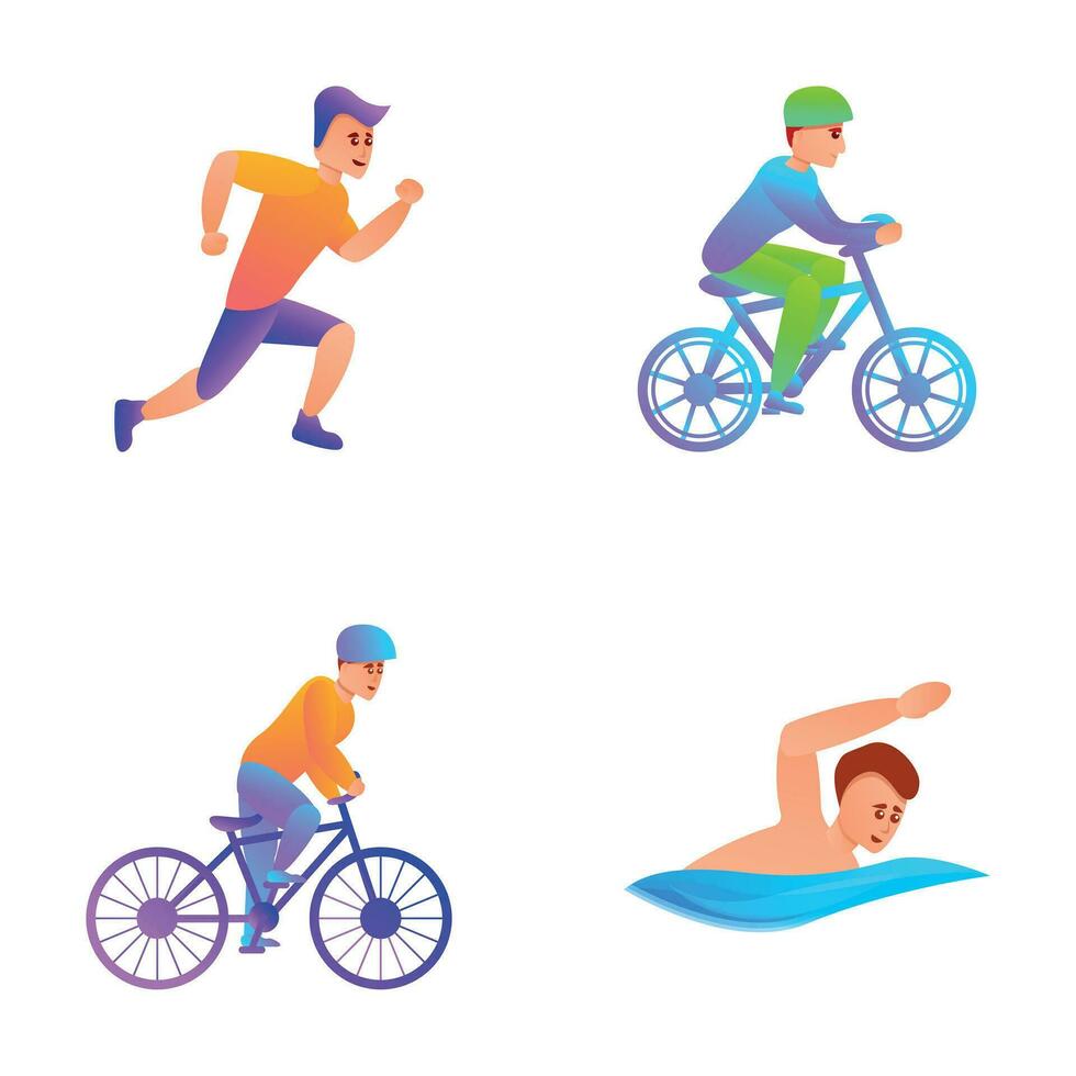 Triathlon icons set cartoon vector. Male athlete during competition vector