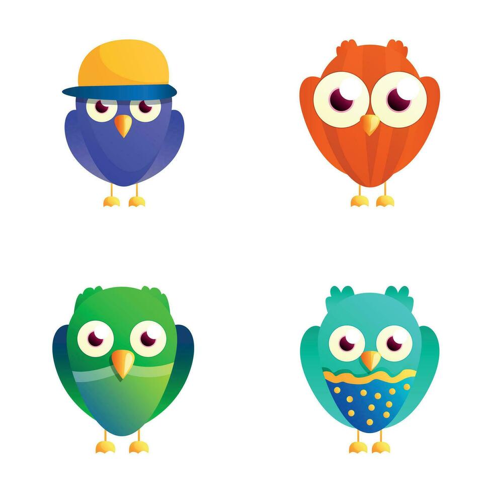 Cute owl icons set cartoon vector. Funny little owl bird vector