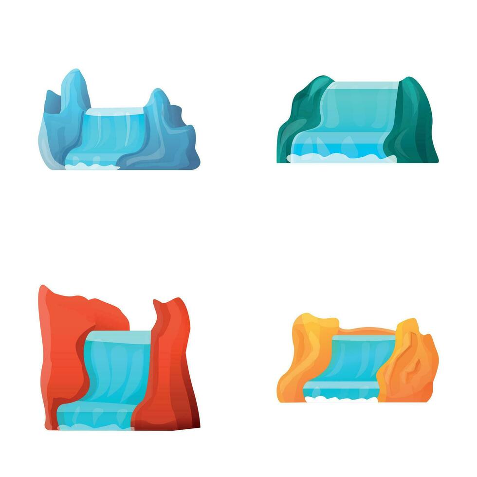Waterfall icons set cartoon vector. Natural falling water stream vector