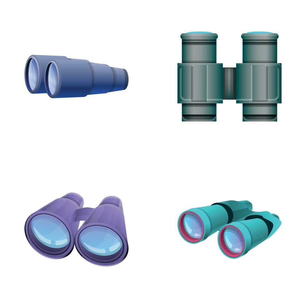 Binocular icons set cartoon vector. Binocular of different shape vector