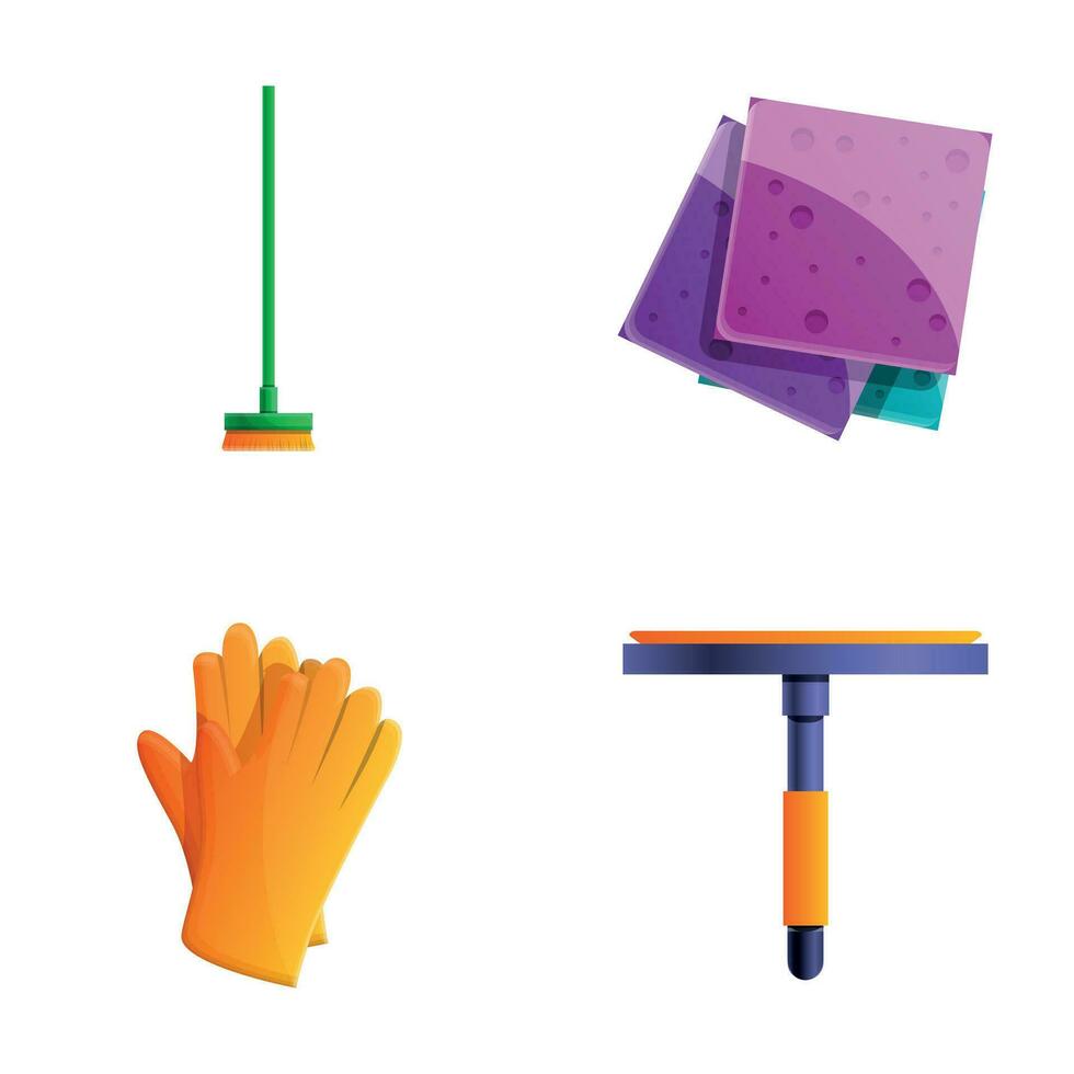 Cleaning accessory icons set cartoon vector. Window cleaning equipment vector