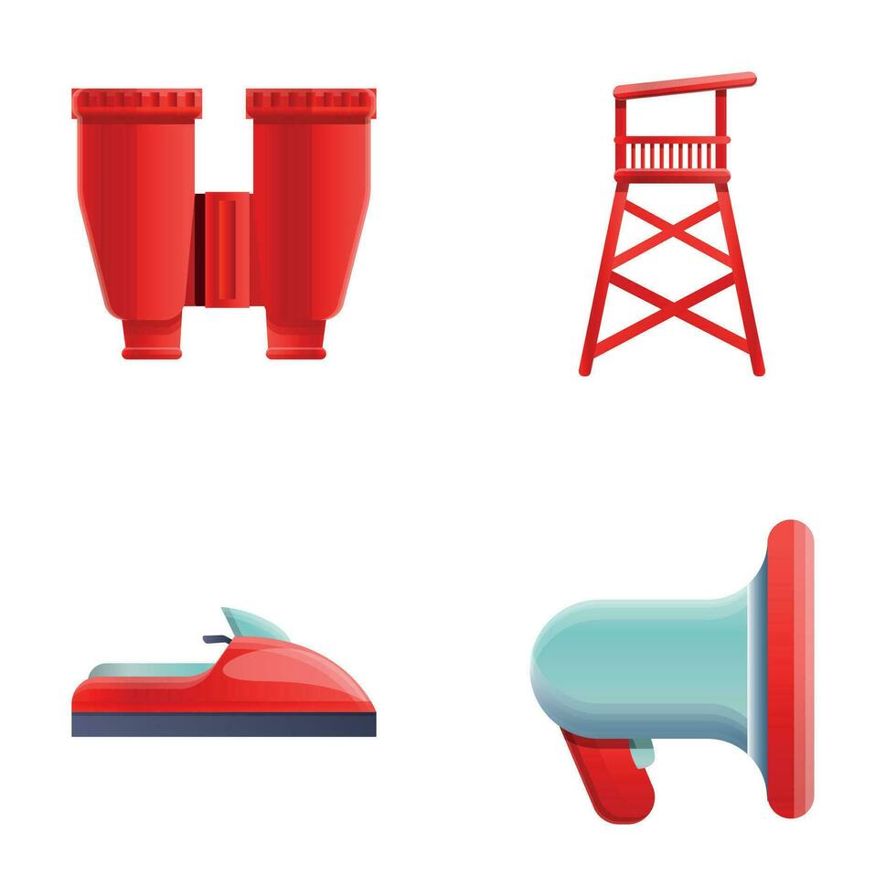 Coastal rescue icons set cartoon vector. Lifeguard post lifeboat and binos vector