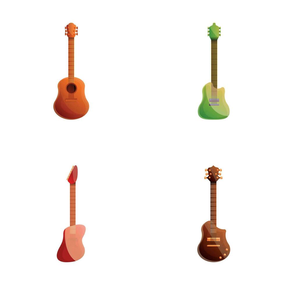 guitarra íconos conjunto dibujos animados vector. clásico y eléctrico guitarra vector