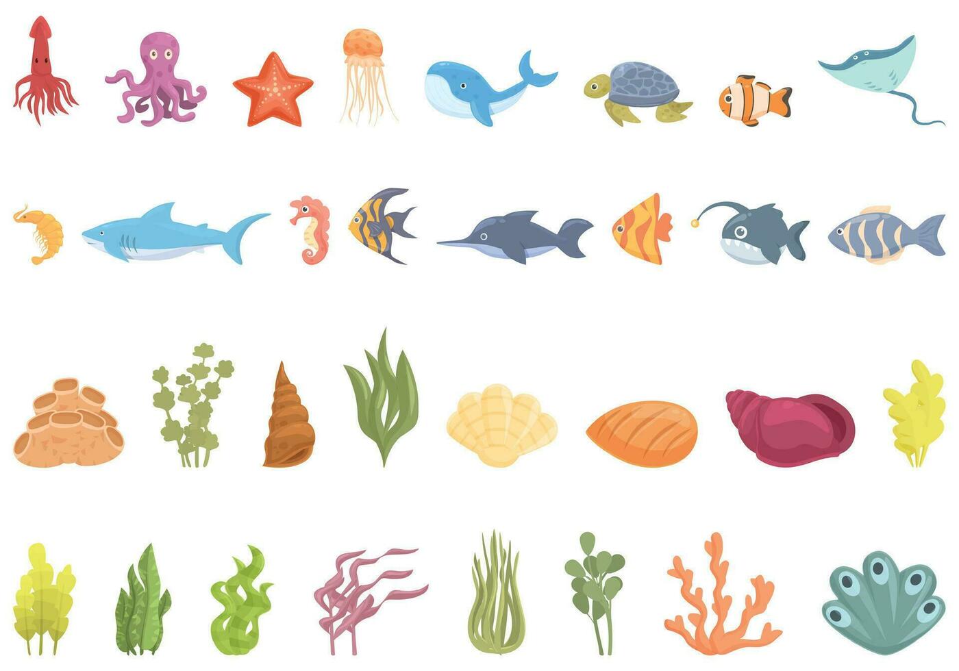 Seabed icons set cartoon vector. Wild marine vector