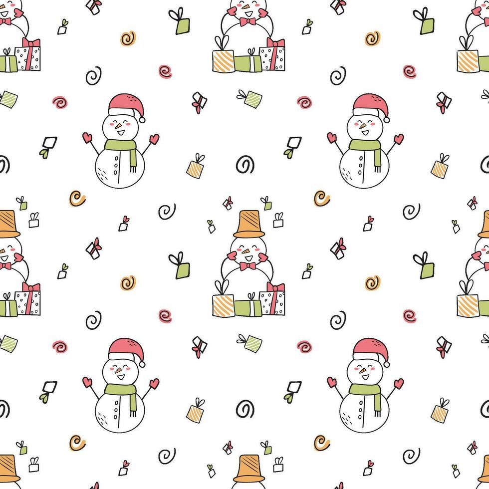 Funny snowmen with gifts. Seamless doodle illustration. For fabric, wrapping paper or wallpaper. Hello winter vector
