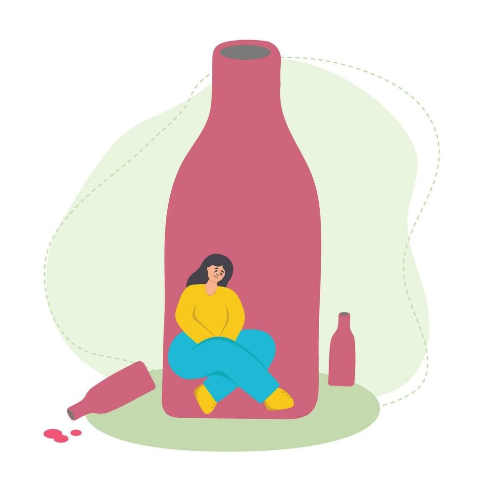 Female alcoholism. A sad girl sits in a wine bottle. Bad habit, alcohol addiction. Flat vector illustration